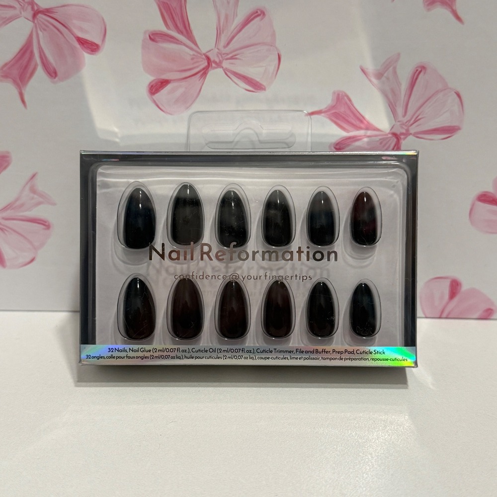 Nail Reformation 32 Press On Nails Kit Black Short Almond Shape New